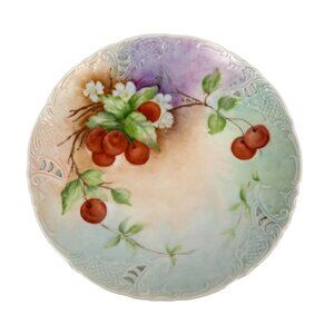 Vintage L Hall Hand Painted Reticulated Cherry Cherries Plate, Colorful 8.75"